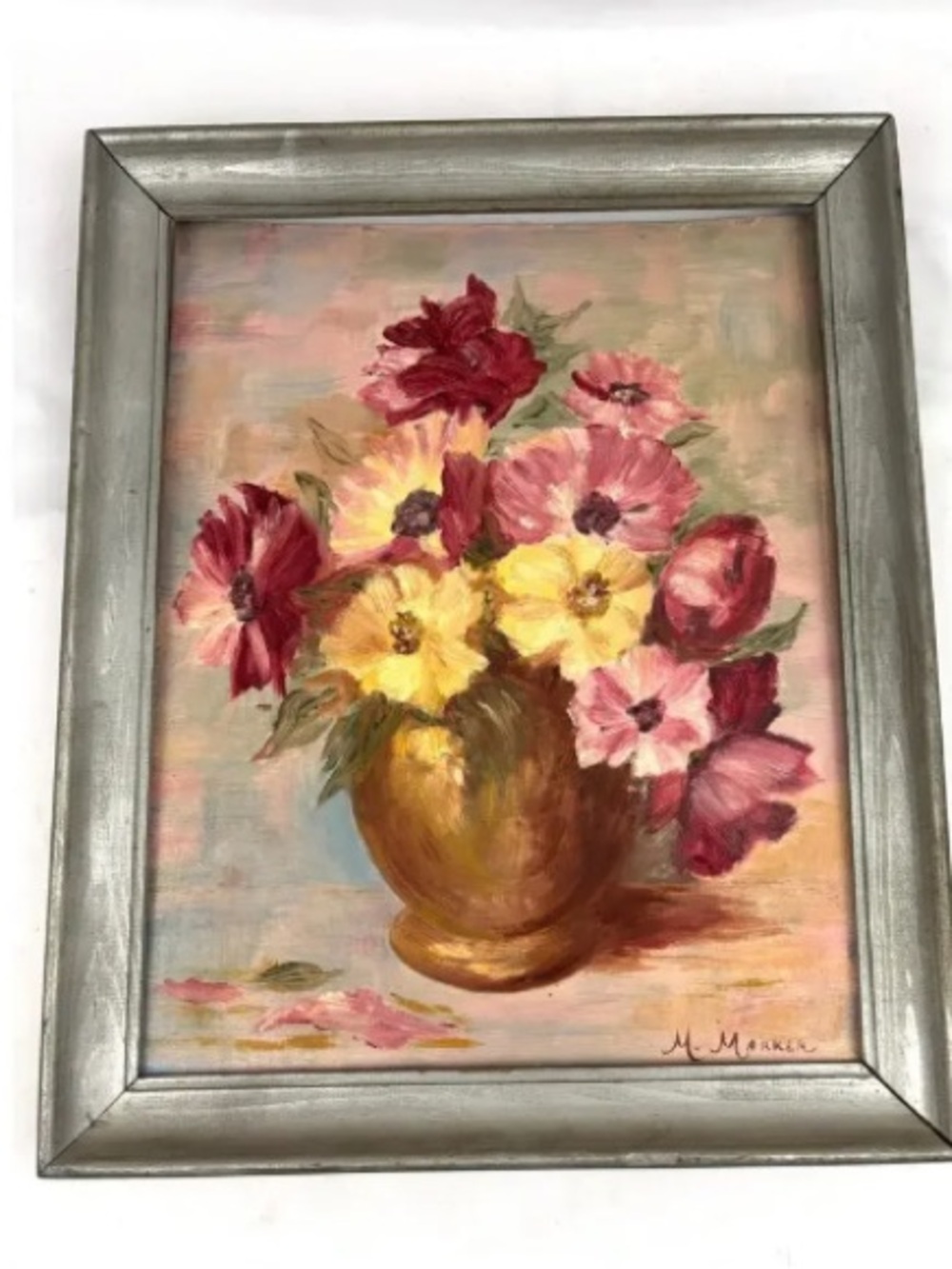 VTG Oil Painting Signed Flower Vase Framed MCM 80s Still Life Original Floral